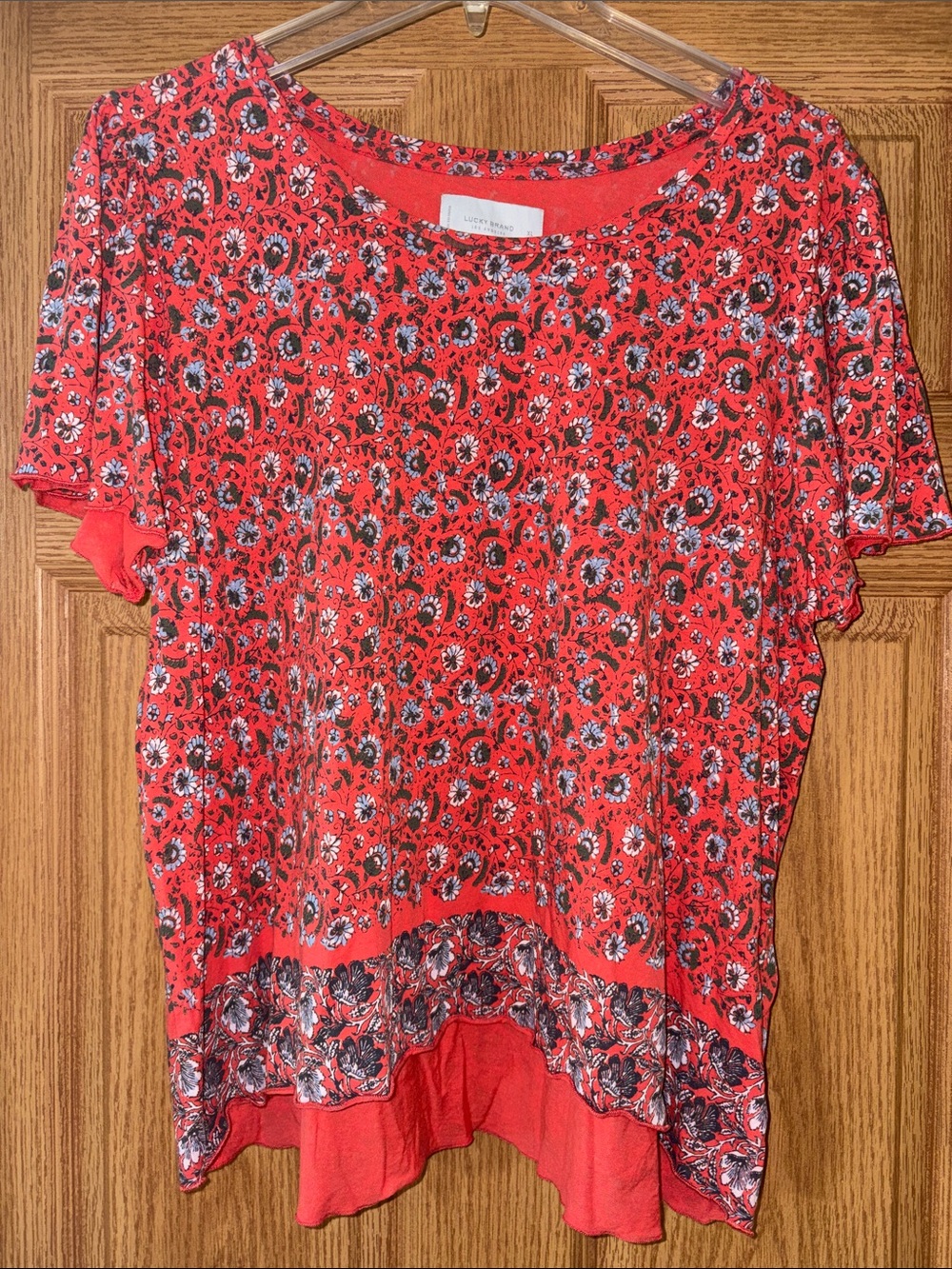 Lucky Brand Coral Red Floral Short Sleeve Tee with Border Hem